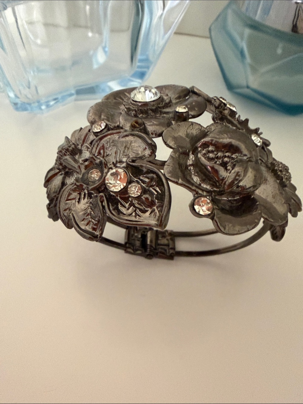 Floral Crystal Accent Bracelet - front snap shut , super cute! Silver tone